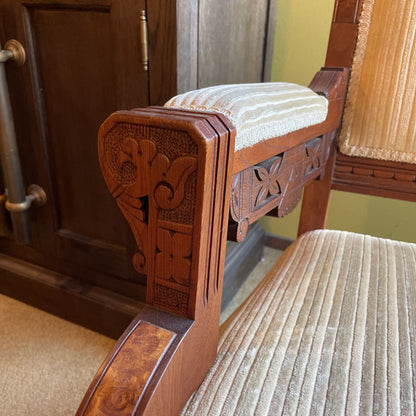 Antique Eastlake Burled Wood Arm Chair with Striped Velvet Fabric U ACCENT CHAIRS