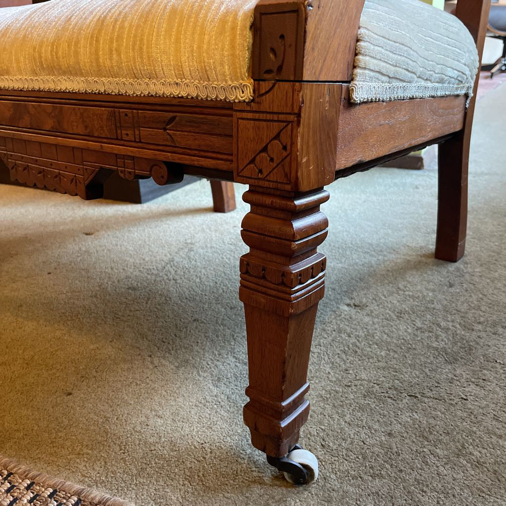 Antique Eastlake Burled Wood Arm Chair with Striped Velvet Fabric U ACCENT CHAIRS