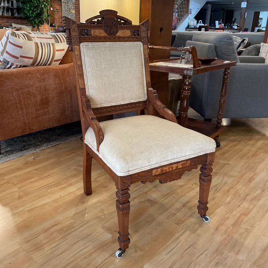 Antique Eastlake Burled Wood Accent Chair with Sand Fabric U ACCENT CHAIRS