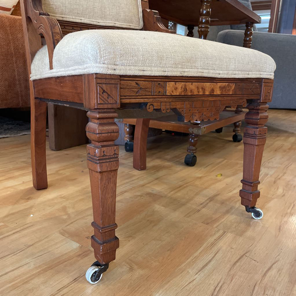 Antique Eastlake Burled Wood Accent Chair with Sand Fabric