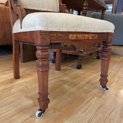 Antique Eastlake Burled Wood Accent Chair with Sand Fabric