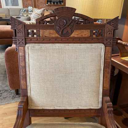 Antique Eastlake Burled Wood Accent Chair with Sand Fabric