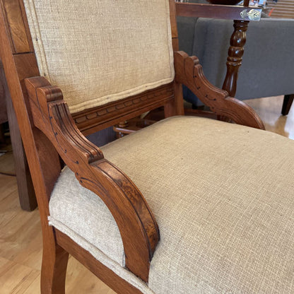 Antique Eastlake Burled Wood Accent Chair with Sand Fabric