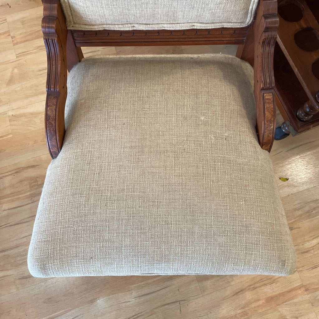 Antique Eastlake Burled Wood Accent Chair with Sand Fabric