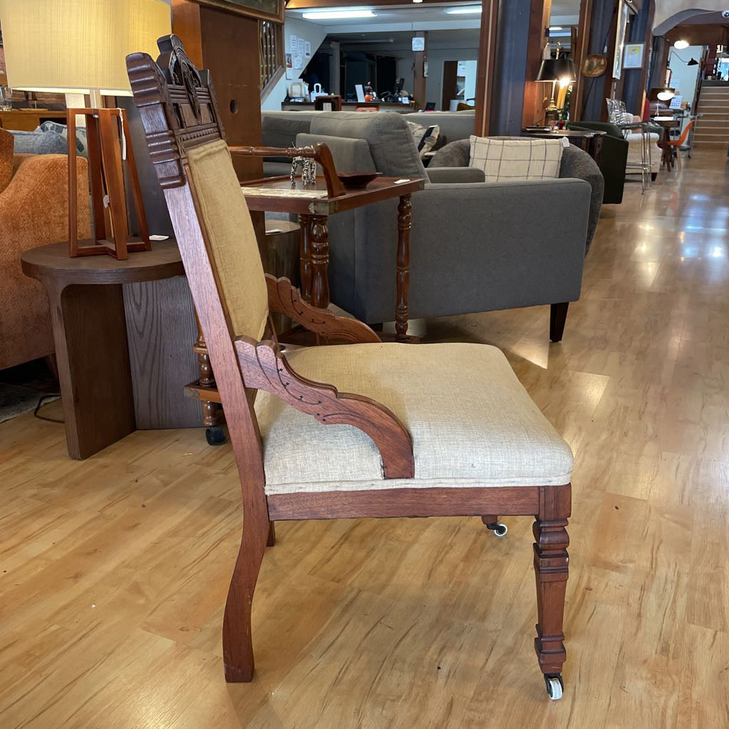 Antique Eastlake Burled Wood Accent Chair with Sand Fabric