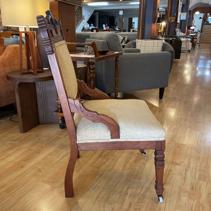 Antique Eastlake Burled Wood Accent Chair with Sand Fabric