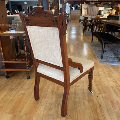 Antique Eastlake Burled Wood Accent Chair with Sand Fabric
