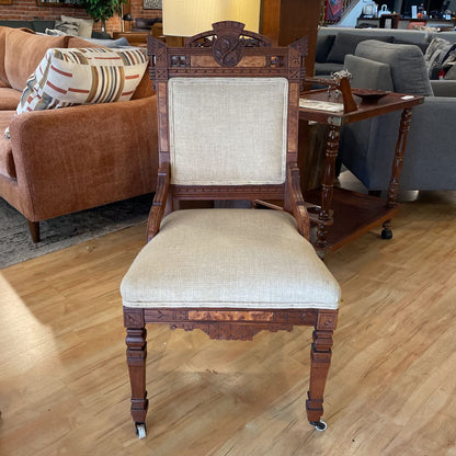Antique Eastlake Burled Wood Accent Chair with Sand Fabric