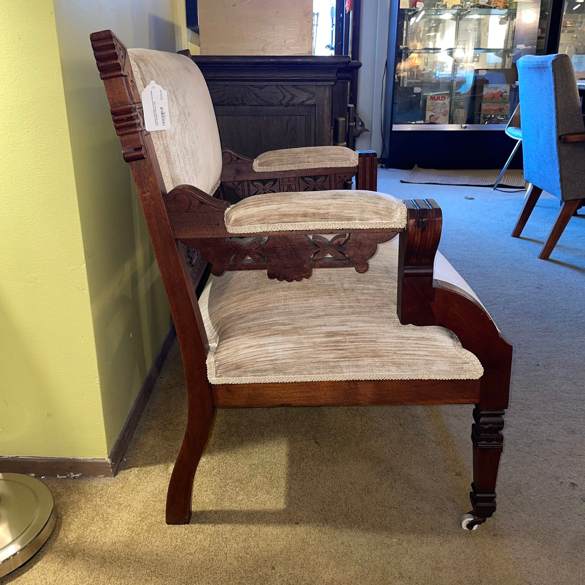 Antique Eastlake Carved Armchair with Striated Velvet Fabric U ACCENT CHAIRS