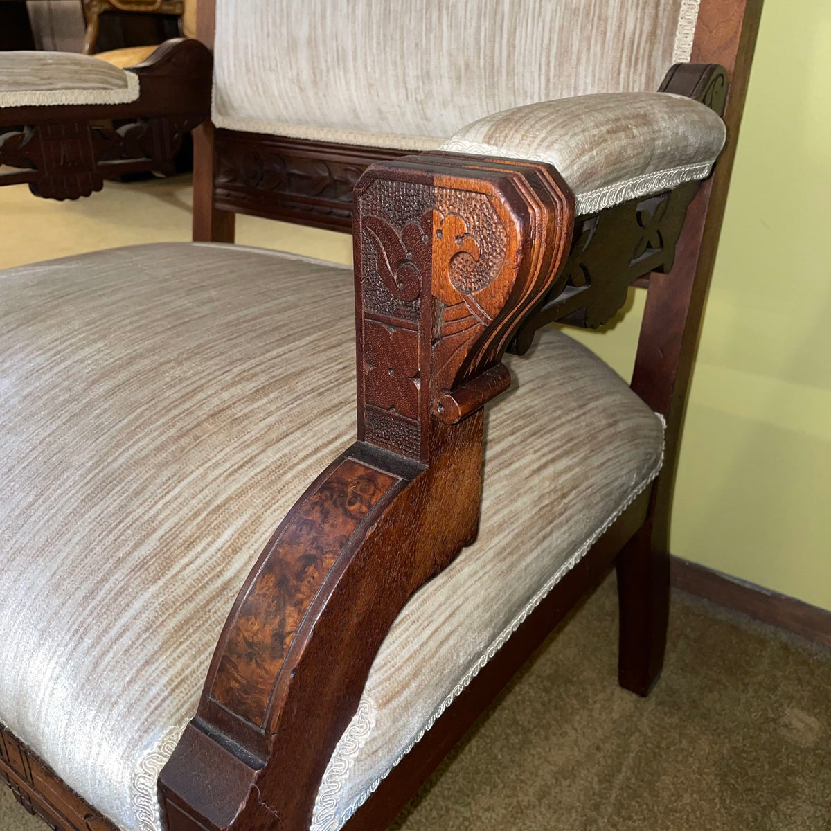 Antique Eastlake Carved Armchair with Striated Velvet Fabric U ACCENT CHAIRS