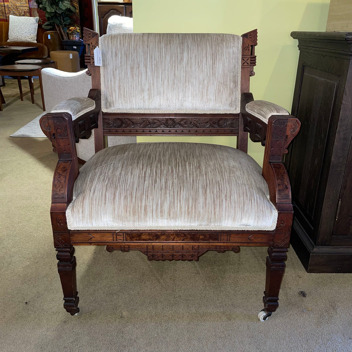 Antique Eastlake Carved Armchair with Striated Velvet Fabric U ACCENT CHAIRS