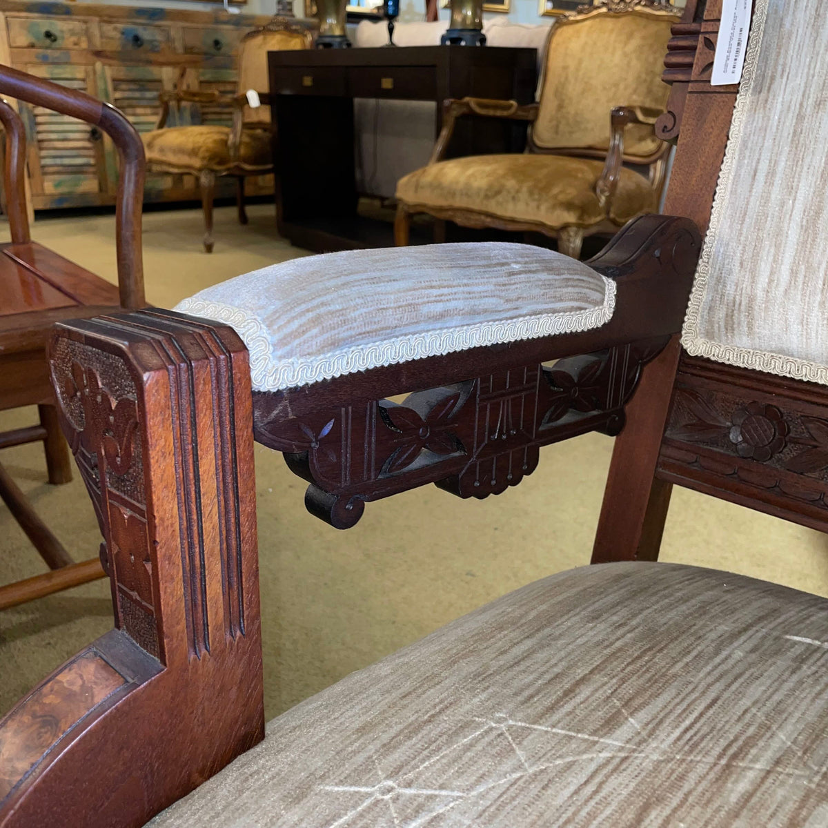 Antique Eastlake Carved Armchair with Striated Velvet Fabric U ACCENT CHAIRS