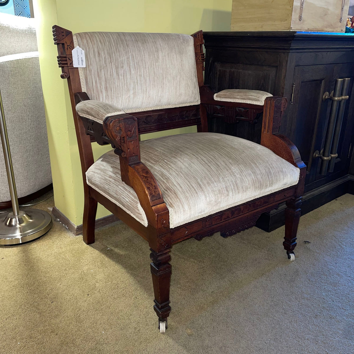 Antique Eastlake Carved Armchair with Striated Velvet Fabric U ACCENT CHAIRS