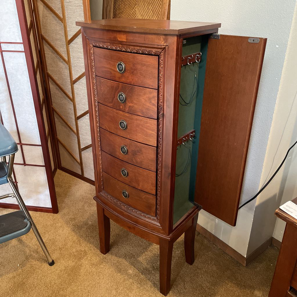 6 Tier Wooden Green Velvet Standing Jewlery Chest C CABINETS
