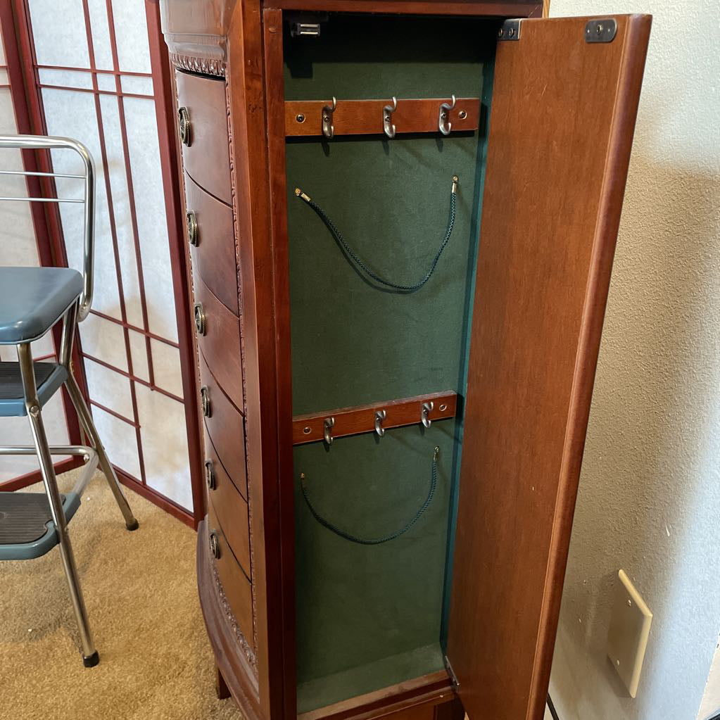 6 Tier Wooden Green Velvet Standing Jewlery Chest C CABINETS