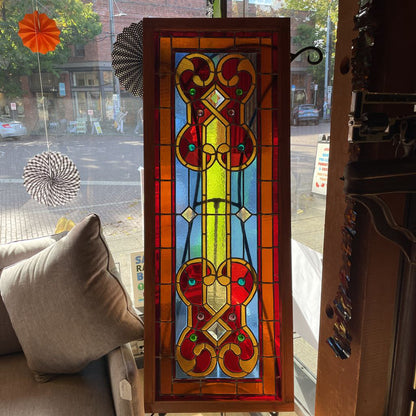 Wooden Framed Stained Glass - Blue/Orange/Red