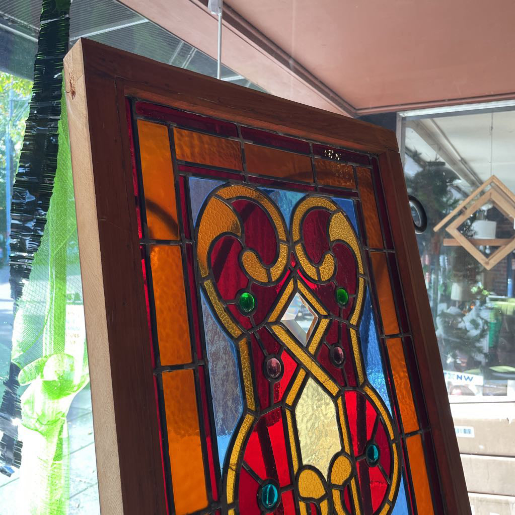Wooden Framed Stained Glass - Blue/Orange/Red