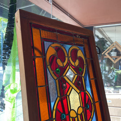 Wooden Framed Stained Glass - Blue/Orange/Red