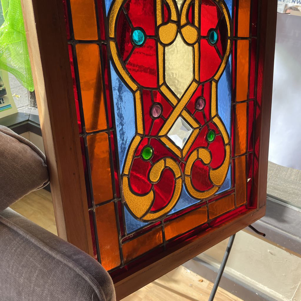 Wooden Framed Stained Glass - Blue/Orange/Red