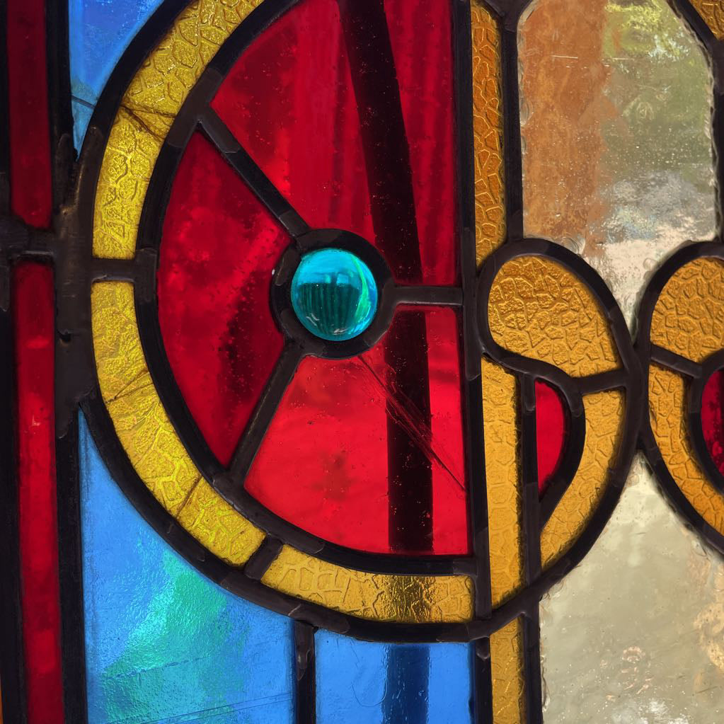 Wooden Framed Stained Glass - Blue/Orange/Red