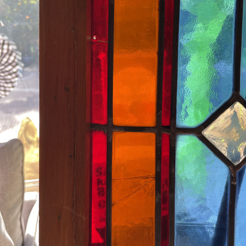 Wooden Framed Stained Glass - Blue/Orange/Red