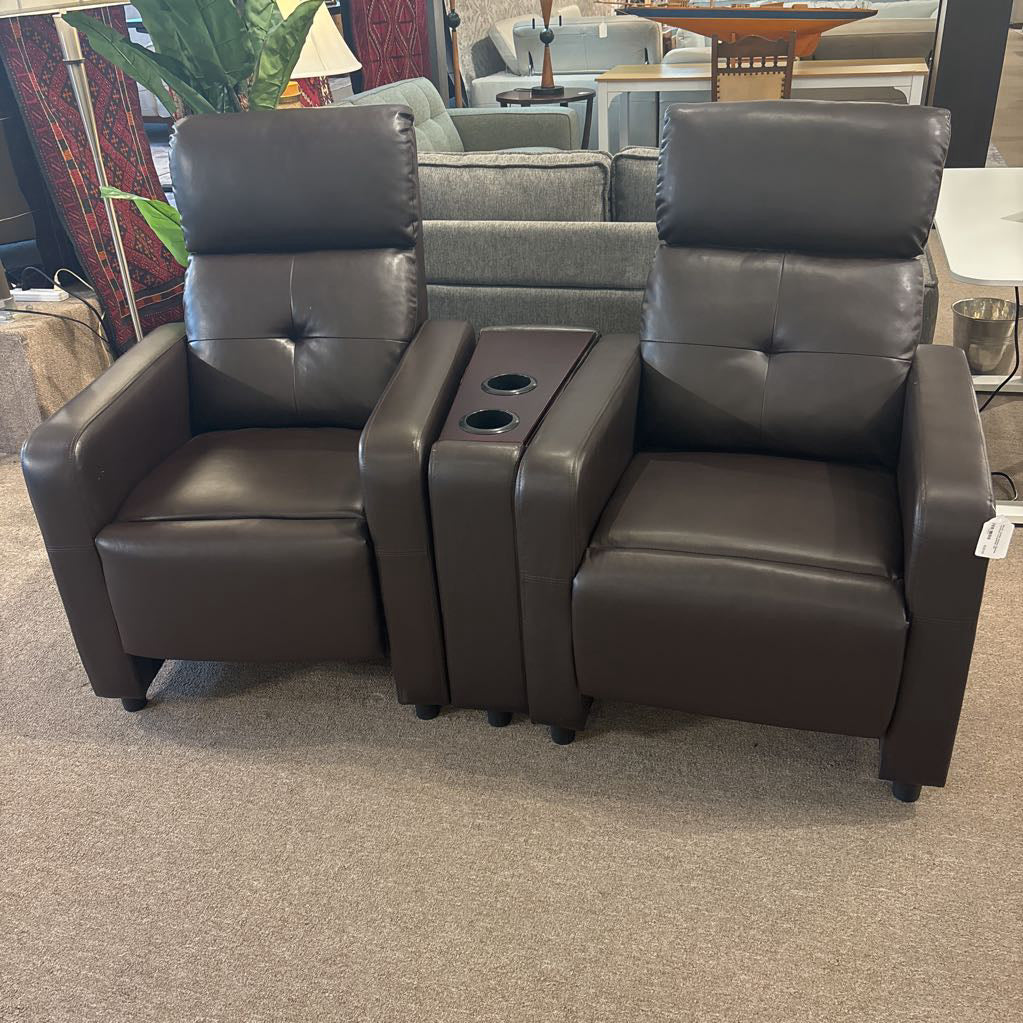 Brown Leather Recliner Modular Loveseat w/Cupholder