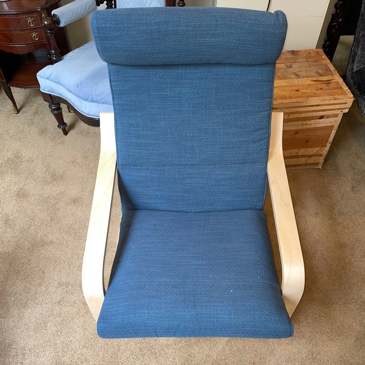 Dark Blue and Blonde Wood Ikea Poang Accent Chair w/ Ottoman U ACCENT CHAIRS