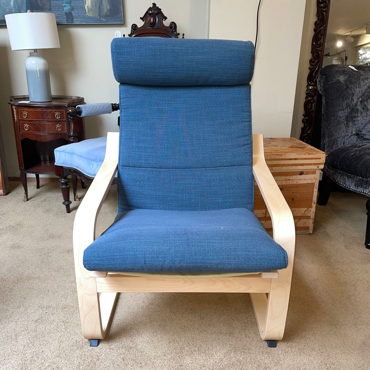Dark Blue and Blonde Wood Ikea Poang Accent Chair w/ Ottoman U ACCENT CHAIRS
