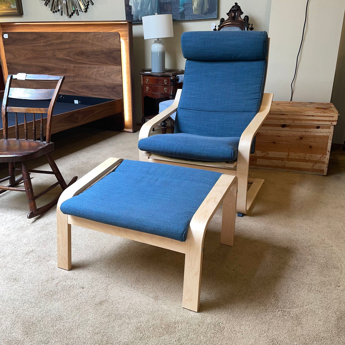 Dark Blue and Blonde Wood Ikea Poang Accent Chair w/ Ottoman U ACCENT CHAIRS