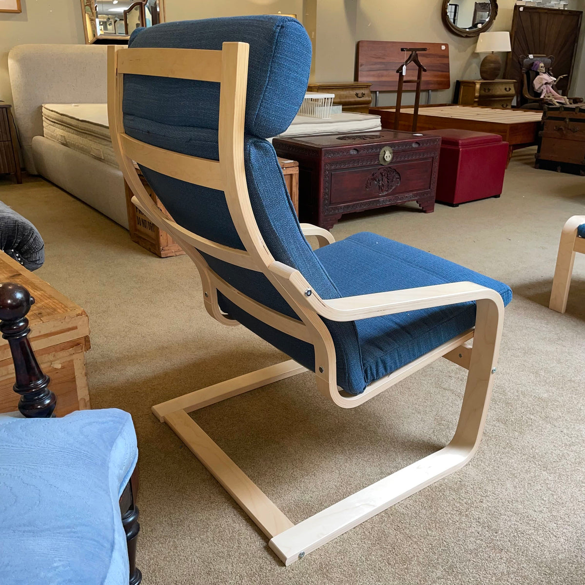 Dark Blue and Blonde Wood Ikea Poang Accent Chair w/ Ottoman U ACCENT CHAIRS