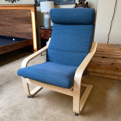 Dark Blue and Blonde Wood Ikea Poang Accent Chair w/ Ottoman U ACCENT CHAIRS