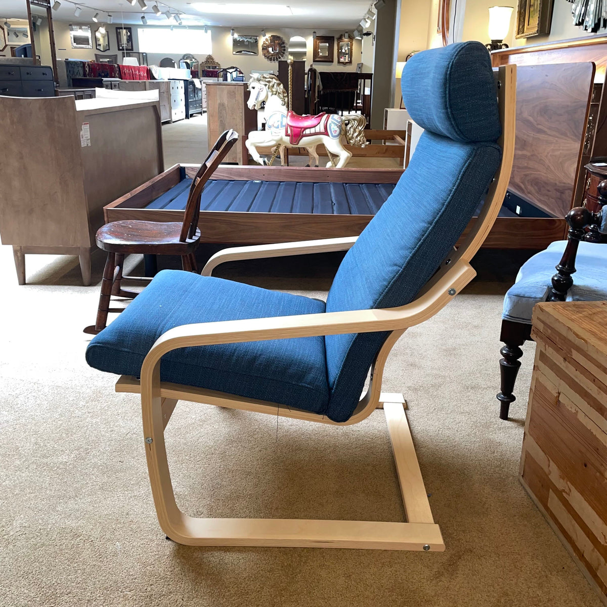 Dark Blue and Blonde Wood Ikea Poang Accent Chair w/ Ottoman U ACCENT CHAIRS