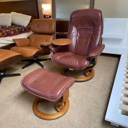 Ekornes Stressless Burgundy Leather Chair + Ottoman U ACCENT CHAIRS