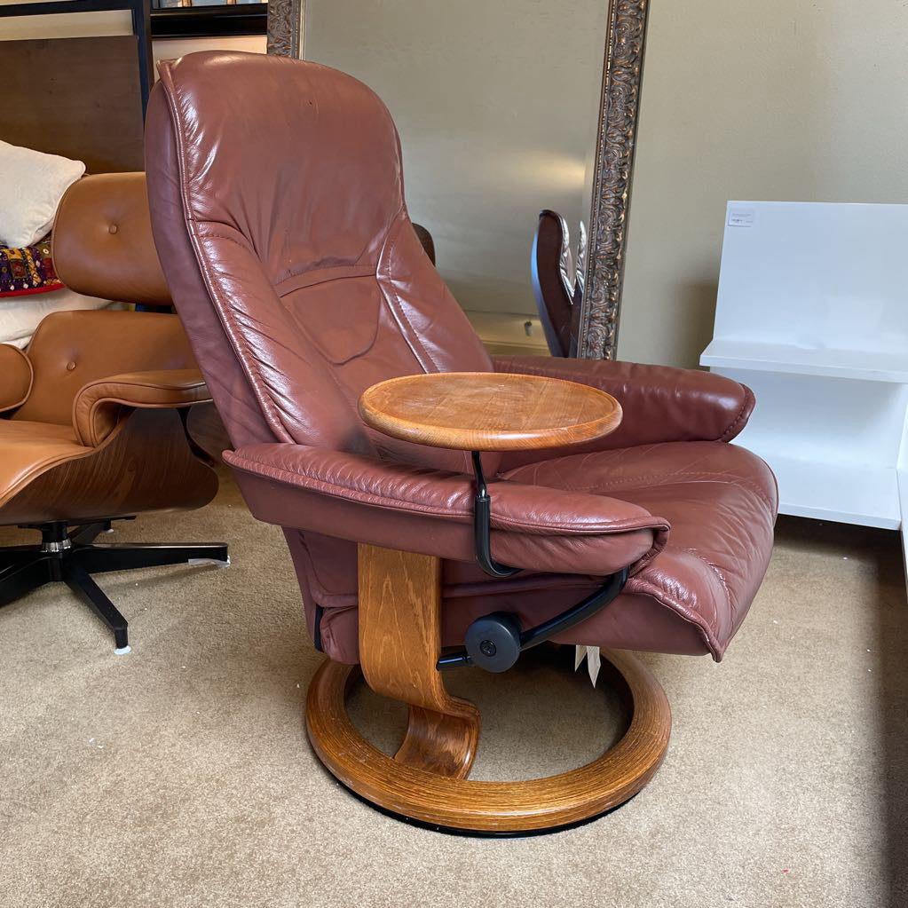 Ekornes Stressless Burgundy Leather Chair + Ottoman U ACCENT CHAIRS