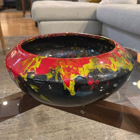 Large Speckled Pottery Bowl in Red, Yellow and Black