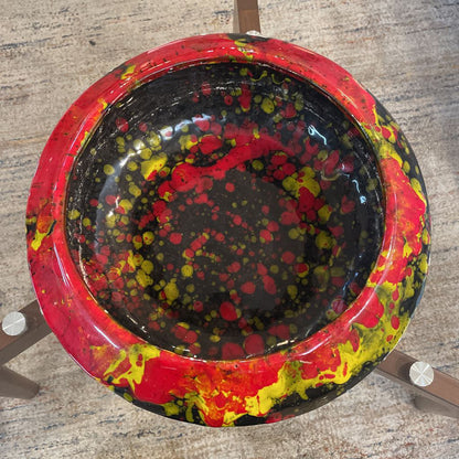 Large Speckled Pottery Bowl in Red, Yellow and Black