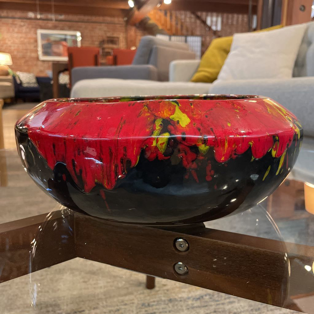 Large Speckled Pottery Bowl in Red, Yellow and Black
