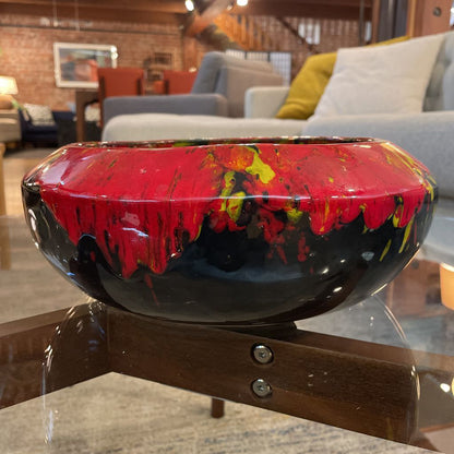 Large Speckled Pottery Bowl in Red, Yellow and Black