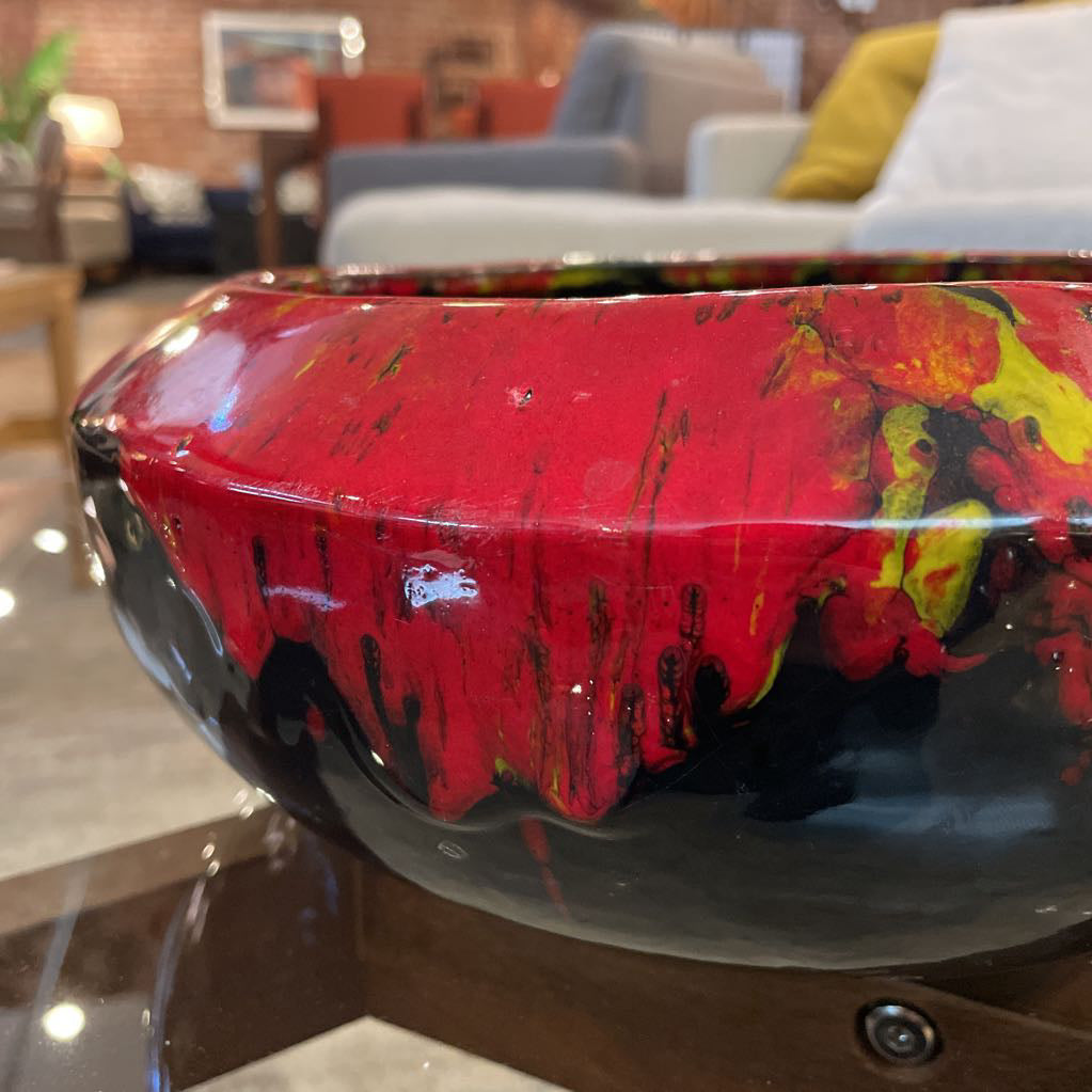 Large Speckled Pottery Bowl in Red, Yellow and Black