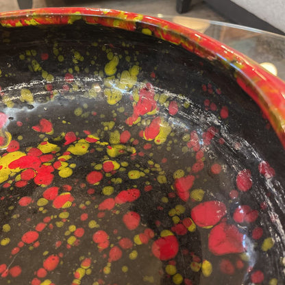 Large Speckled Pottery Bowl in Red, Yellow and Black
