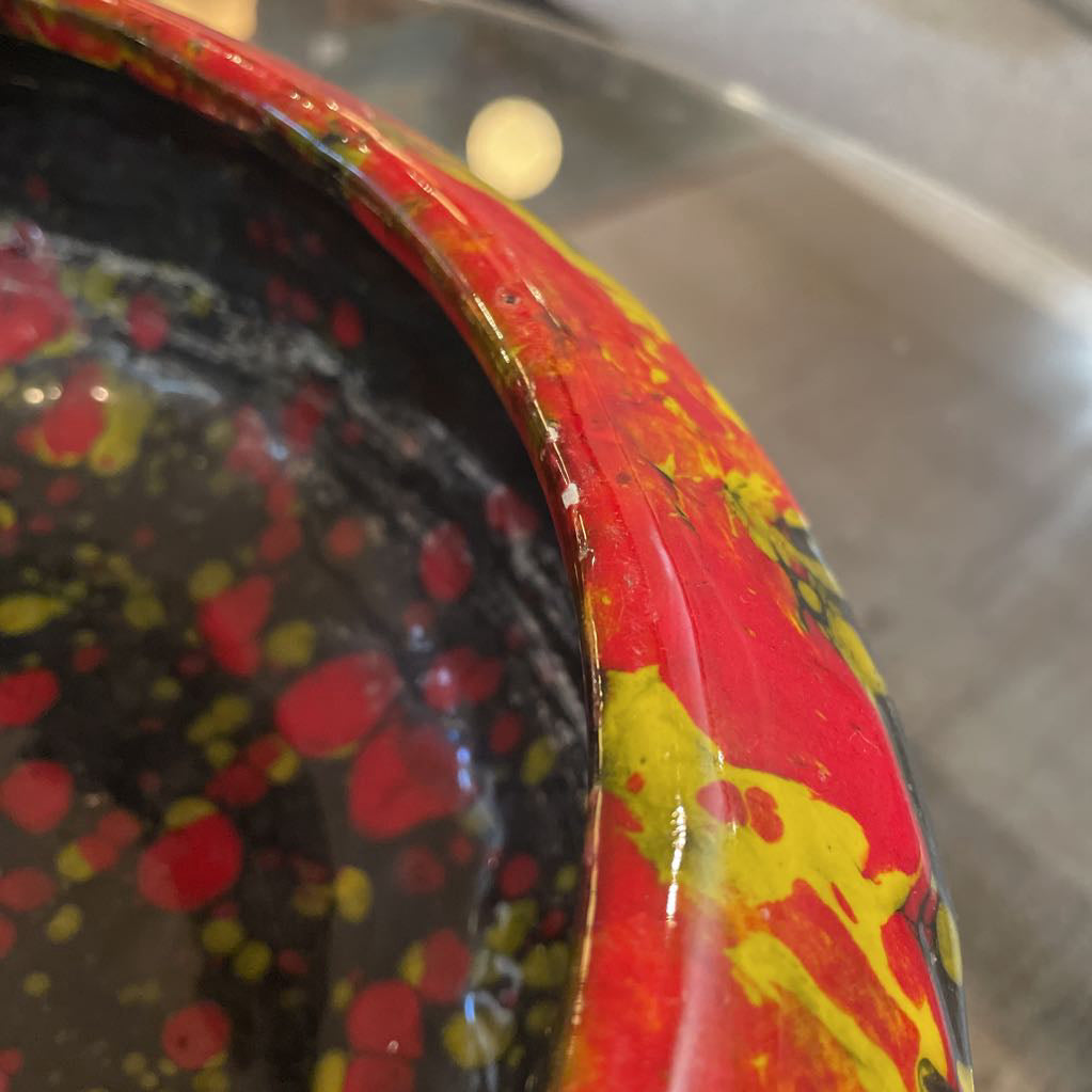 Large Speckled Pottery Bowl in Red, Yellow and Black
