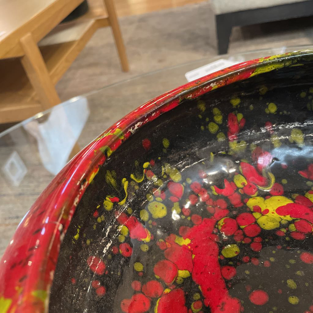 Large Speckled Pottery Bowl in Red, Yellow and Black