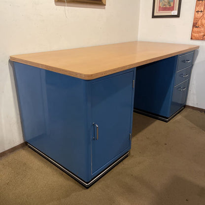Vintage Blue Metal Desk w Wood Top C DESKS