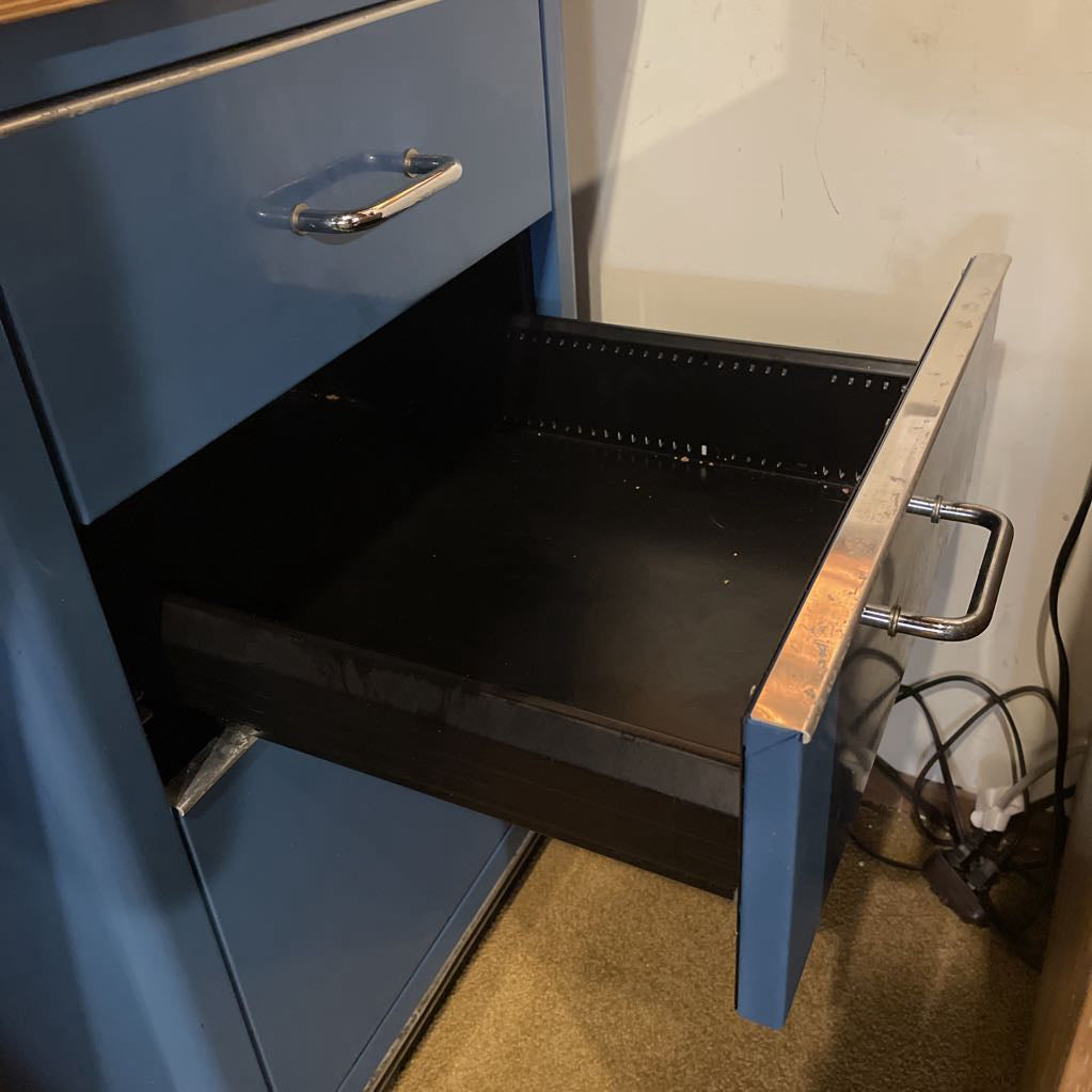 Vintage Blue Metal Desk w Wood Top C DESKS