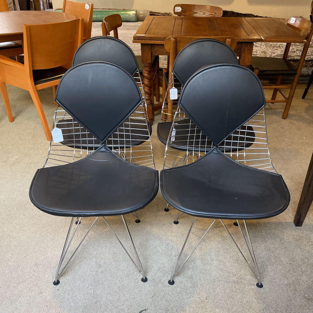 Eames Style Wire Frame + Leather Dining Chairs SET of 4