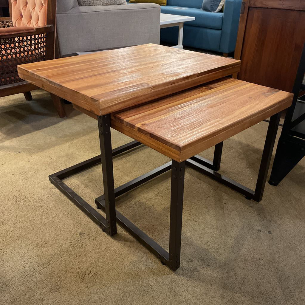 Faux Wood Metal Frame NESTING Side Table SET of 2 C SIDE TABLES