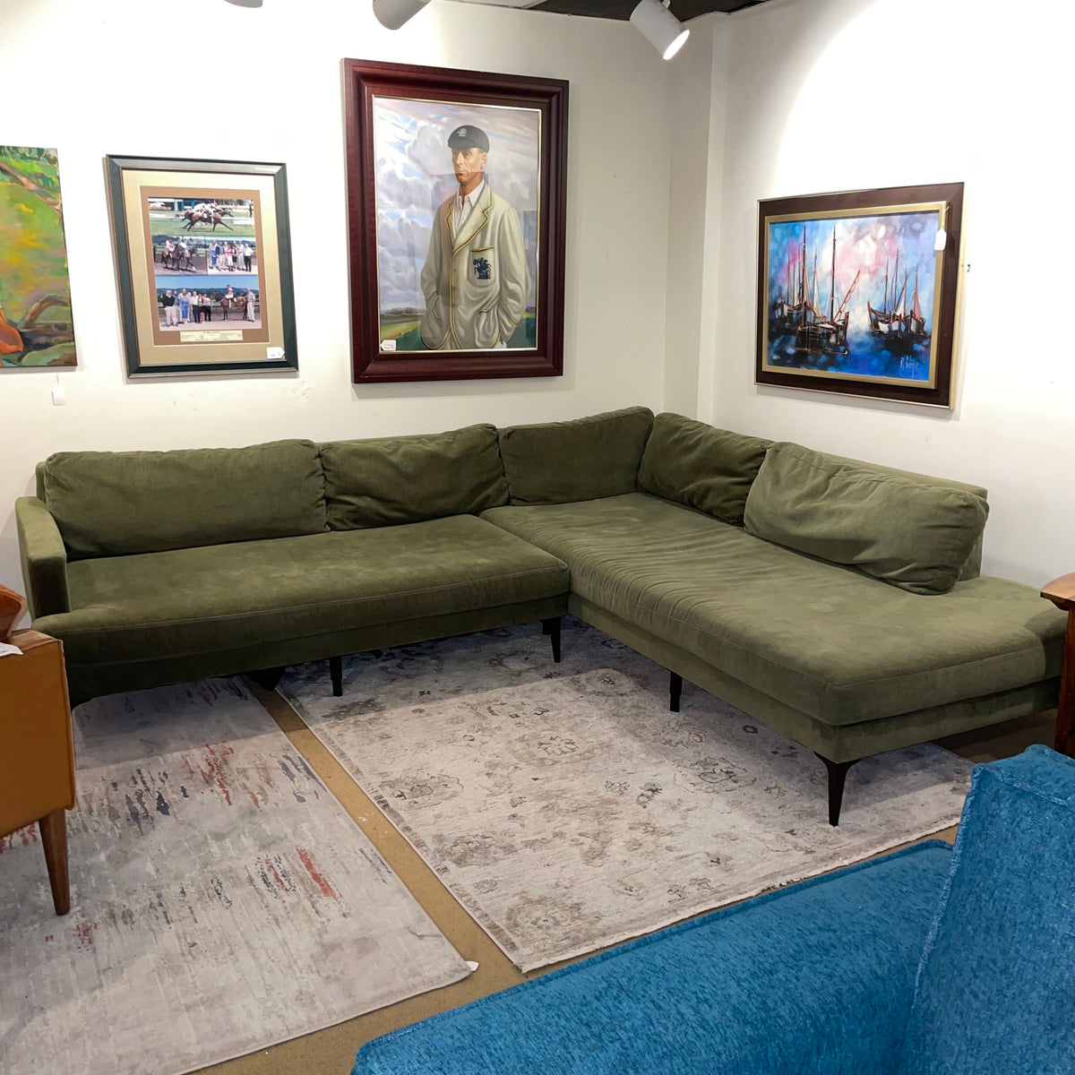 West Elm Andres Olive Green Mega RAF Sectional *Measure Your Doorways Carefully!* U SECTIONALS RAF