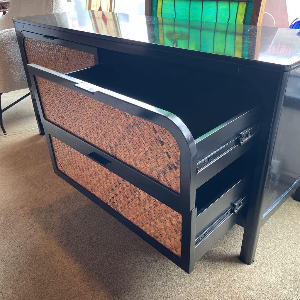 CB2 Black with Woven Front 4 Drawer Media Console C CONSOLE TABLES