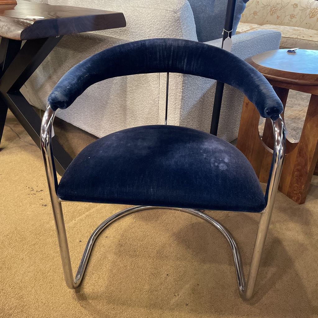 Anton Lorenz For Thonet Blue Velvet & Chrome Accent Chair