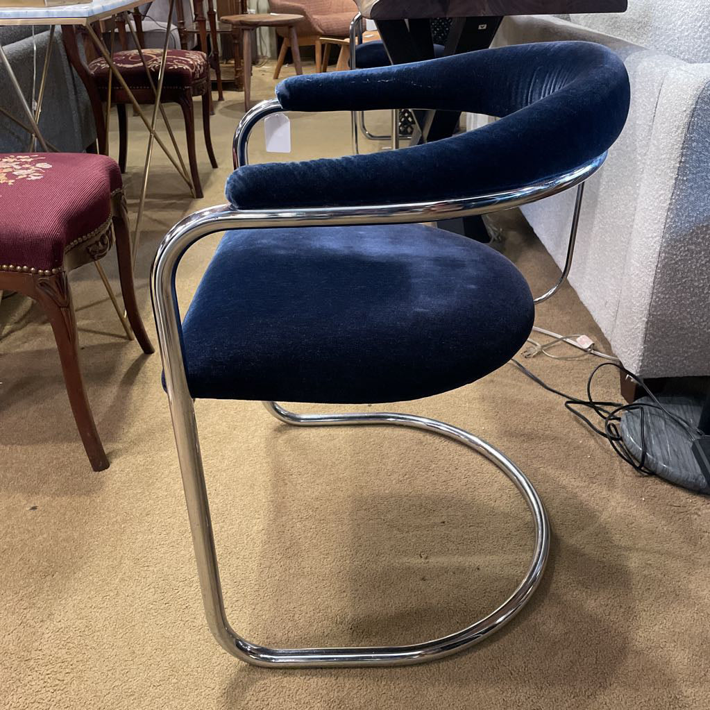 Anton Lorenz For Thonet Blue Velvet & Chrome Accent Chair
